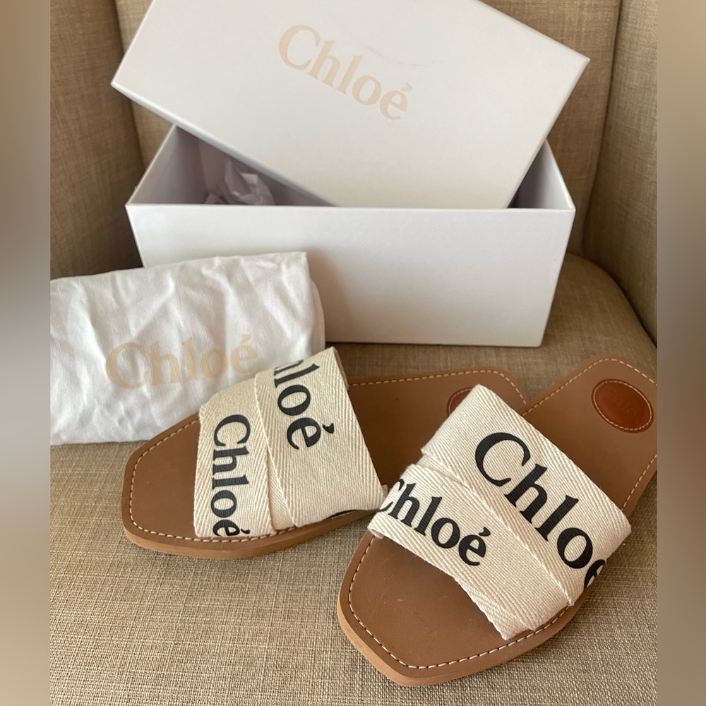Chloé Beige Canvas Logo Slide Sandals with Brown Leather Footbed